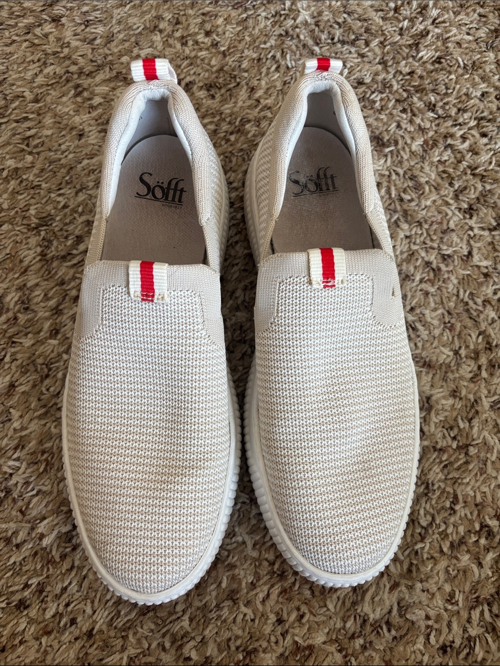 Söfft Women's Knit Slip-On Loafers in Cream with Red Stripe